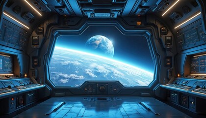 Spaceship interior with Earth view. Futuristic sci-fi illustration. Room with glowing blue lights, window shows planet, galaxy. Exploration, space travel, technology, science.