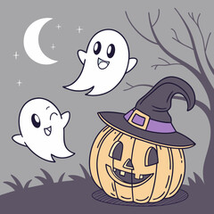 Halloween Ghosts with Classic Jack-o'-Lantern and Witch Hat – Spooky Glowing Face Vector Design