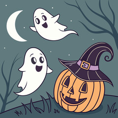 Halloween Ghosts with Classic Jack-o'-Lantern and Witch Hat – Spooky Glowing Face Vector Design