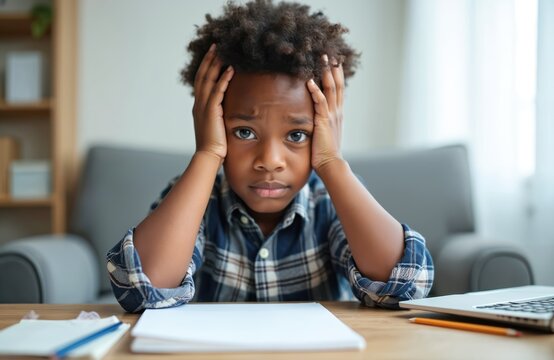 Portrait of an African American boy at desk struggling with homework. He is looking at the camera. Student looks worried, sad, frustrated during online school. Remote learning at home is difficult.