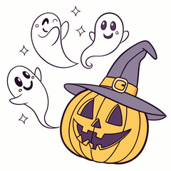 Halloween Ghosts with Classic Jack-o'-Lantern and Witch Hat – Spooky Glowing Face Vector Design
