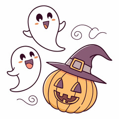 Halloween Ghosts with Classic Jack-o'-Lantern and Witch Hat – Spooky Glowing Face Vector Design