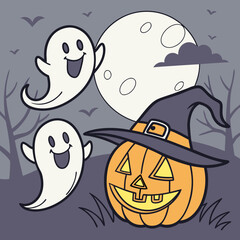Halloween Ghosts with Classic Jack-o'-Lantern and Witch Hat – Spooky Glowing Face Vector Design