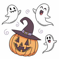 Halloween Ghosts with Classic Jack-o'-Lantern and Witch Hat – Spooky Glowing Face Vector Design