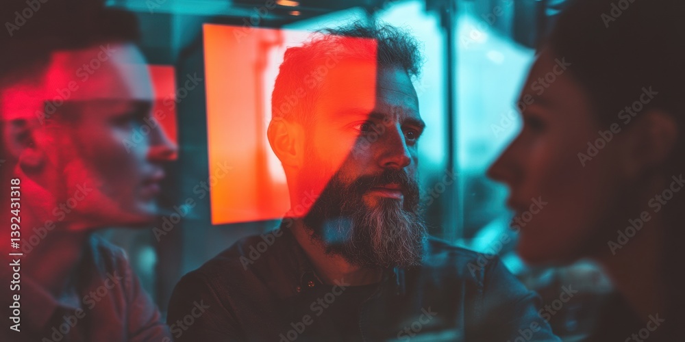 Poster Cyberpunk Workplace Innovation Immersive Tech Collaboration Revealing Dynamic Generational Insights Through Neon-Lit Mixed Reality Engagement