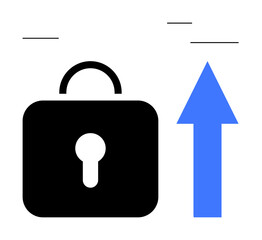 Black lock with a keyhole and upward blue arrow suggesting security, data encryption, or growth. Ideal for cybersecurity, data safety, modern technology, innovation, progress, digital transformation