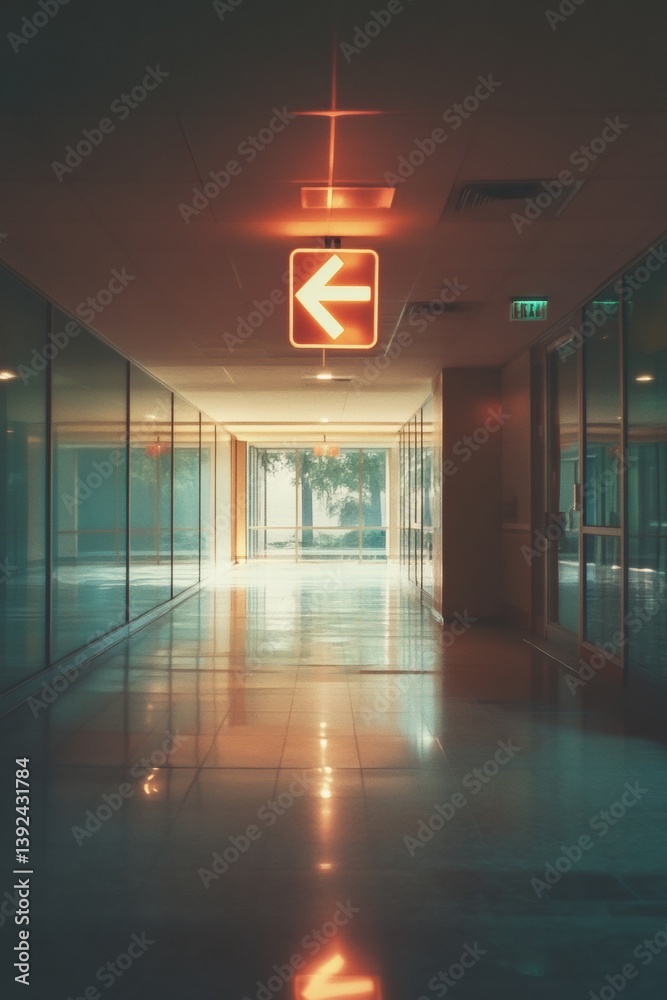 Poster minimalist safety aesthetics illuminated emergency exit signage in sleek architectural corridor - in