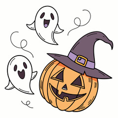 Halloween Ghosts with Classic Jack-o'-Lantern and Witch Hat – Spooky Glowing Face Vector Design