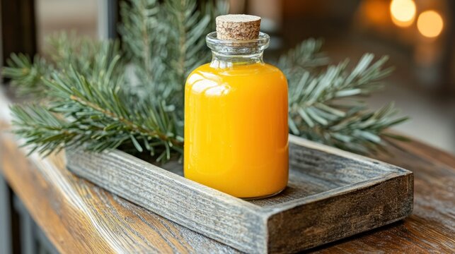 Golden elixir in glass bottle.  Holiday wellness drink