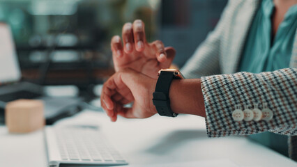 Checking, time and person with watch, office and overtime for employee with deadline, night and...