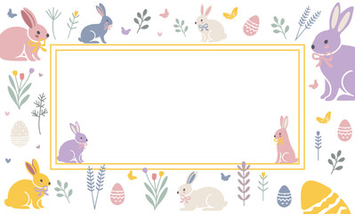 Easter holiday frames with bunnies, eggs, flowers, and branches in pastel tones, vector illustration. Perfect for greeting cards, invitations, and spring designs.
