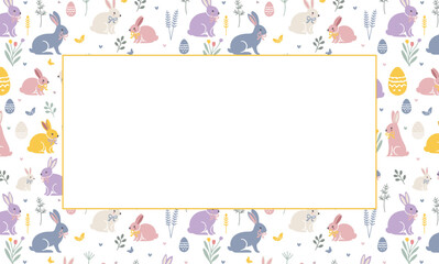 Easter holiday frames with bunnies, eggs, flowers, and branches in pastel tones, vector illustration. Perfect for greeting cards, invitations, and spring designs.
