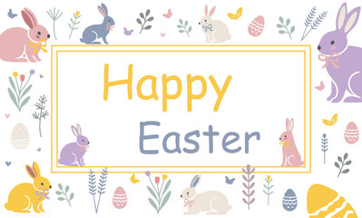 Easter holiday frames with bunnies, eggs, flowers, and branches in pastel tones, vector illustration. Perfect for greeting cards, invitations, and spring designs.
