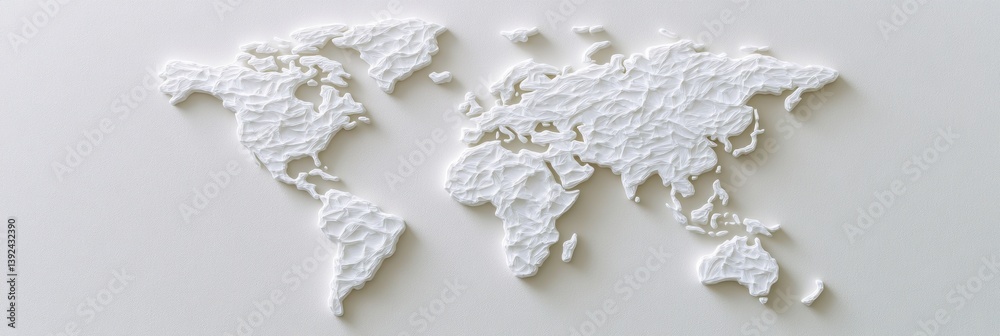 Poster Minimalist Global Tech Canvas Embossed White World Map Illustrating Interconnected Digital Networks and Sustainable Global Infrastructure Design
