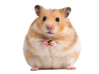 A golden hamster holding a seed with its paws isolated on a transparent background
