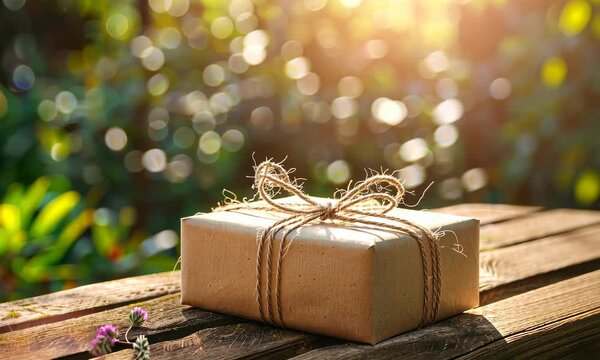 Brown gift box with twine on wooden surface in sunny nature