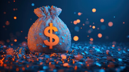 A digital rendering of a money bag with a dollar sign, glowing amidst a field of shimmering particles on a dark background