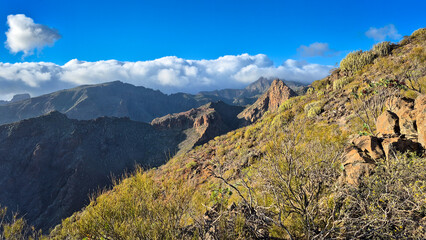 Scenic view of a hiking path amidst volcanic mountains and lush vegetation under a bright blue sky...