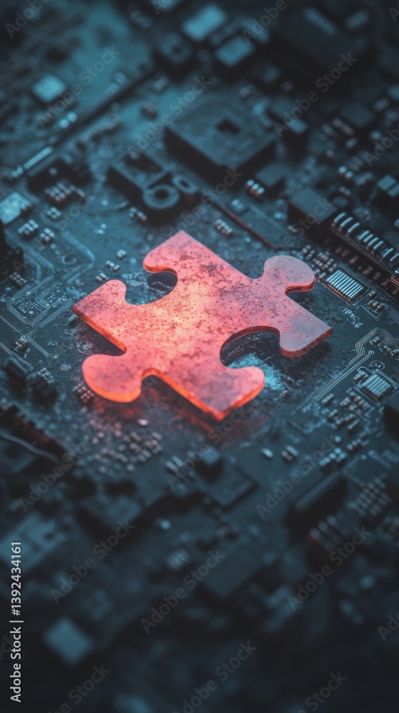 Aufkleber Quantum Convergence AI-Powered Problem Solving Visualized Through Luminescent Puzzle Piece Integration on Advanced Cybernetic Circuitry Landscape