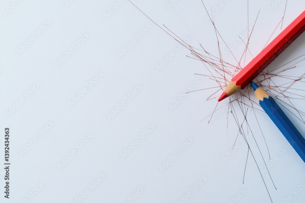 Aufkleber minimalist creativity spark red and blue pencils colliding in dynamic conceptual composition - innov