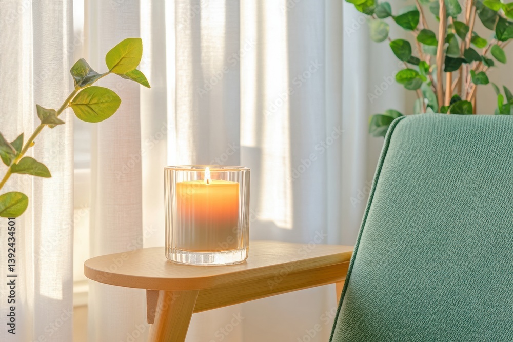 Poster Serene Mindful Workspace Soft Sage Home Office Design with Warm Candlelight - Tranquil Productivity and Wellness-Inspired Remote Work Aesthetic