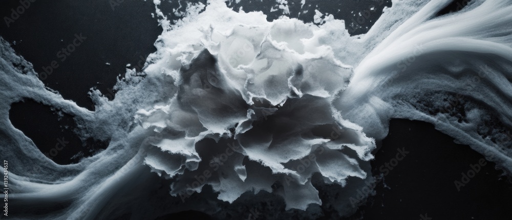 Poster monochromatic dynamic fluid motion high-contrast liquid sculpture visualizing cutting-edge scientifi