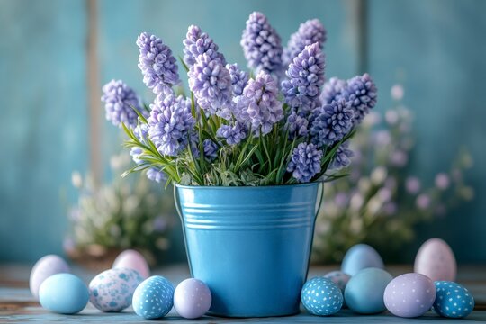 Grape hyacinths in blue bucket celebrating easter with pastel colored eggs