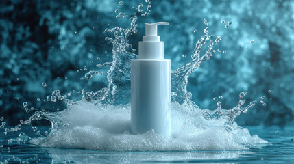 white pump bottle for skincare or cleanser stands amidst splashing water and foam, evoking freshness and purity