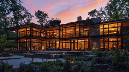Obraz premium Modern luxury home with large glass panels at sunset