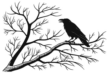 Black crow silhouette on a winter tree branch, a nature illustration