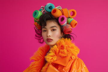 Fototapeta premium A close-up portrait of a young, beautiful, exotic girl with curlers in her hair, wearing a vibrant orange jacket that highlights her bold fashion style.