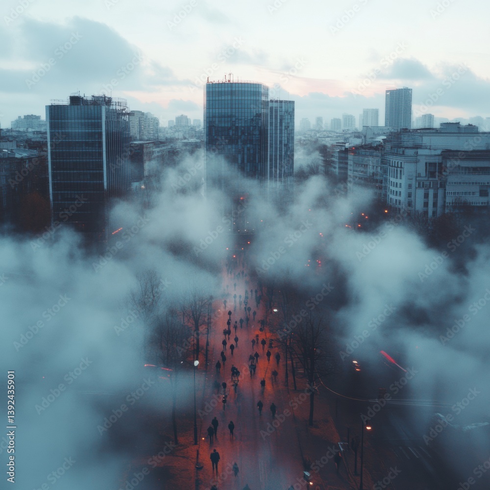 Poster navigating urban digital fog immersive connectivity visualization of collective movement in atmosphe