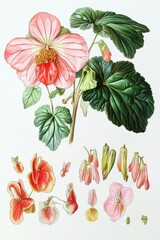 Obraz premium Illustration of begonia plant showcasing its various parts including flowers, leaves, and buds