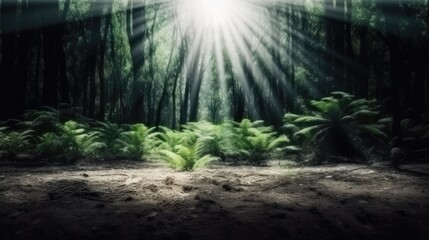 Sunbeams shine through trees, illuminating ferns growing on the forest floor in a dark background