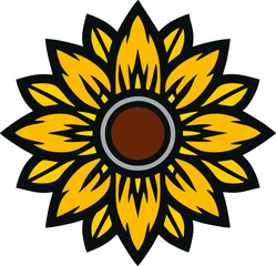 Bold Sunflower logo.  This striking sunflower design features vibrant yellow petals arranged in a bold, dynamic pattern. The petals are outlined in black, creating a sharp, graphic look.