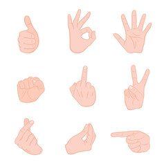 Hand gestures vector set, cartoon style. Thumbs up, OK, peace, fist, pointing, Italian gesture, heart sign, middle finger. Perfect for emoji, UI, stickers, comics, design, communication, emotions