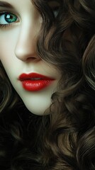 Woman's face, red lips, and brown curly hair close-up with black background