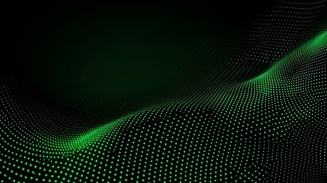 Abstract digital wave background with vibrant green dots creating a fluid pattern, conveying a sense of motion and energy in a futuristic setting
