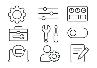 Fototapeta premium Essential linear icons set: tools, settings, and user interface elements