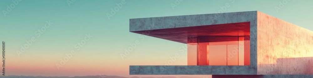Poster Minimalist Brutalist Architecture Sunset-Illuminated Concrete Pavilion Redefining Urban Design Aesthetic for Future-Forward Spatial Innovation