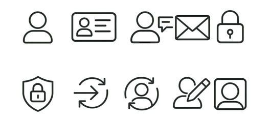 Essential communication and security linear icons set for apps and websites