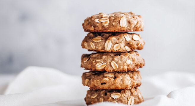 Tr&ecirc;s deliciosos biscoitos de aveia caseiros empilhados sobre um fundo branco.