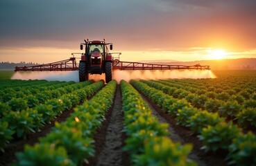 Obraz premium Tractor spraying soy field at sunset. Agricultural machinery sprays crops with pesticide. Farming concept, fertilizer, cultivation, harvest time. Rural landscape with sunset sky.