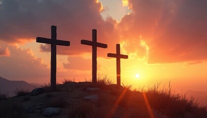 Three crosses silhouette on hill at sunset. Jesus Christ crucifixion, religious christian scene, resurrection, faith, passion, Good Friday, Easter holiday. Symbolic representation of death,