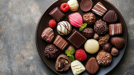 Fototapeta premium Exquisite assortment of gourmet chocolates on a dark plate with fresh raspberries