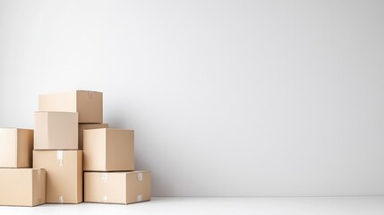 Cardboard boxes stacked against a white wall.  Moving preparation