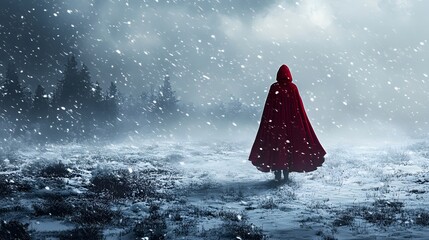A person walking through a snowstorm with a red cloak