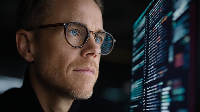A close-up portrait captures a software engineer wearing eyeglasses, intently looking at a computer screen as they work with big data, with the reflection of programming code in their glasses,