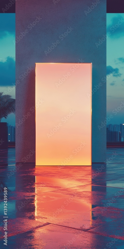Aufkleber immersive liminal architecture sunset-infused urban monolith exploring transitional design, digital 
