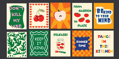 Collection of inspirational and motivational posters with positive quotesfood related illustrations  in cartoon style 90s for cafe branding menus banners